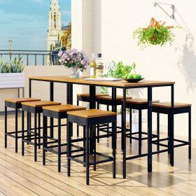 10-Piece Outdoor Patio Wicker Bar Set;  Garden PE Rattan Wicker Dining Table;  Square Stool Set;  Foldable Tabletop;  Acacia Wood Tabletop;  High-Dini