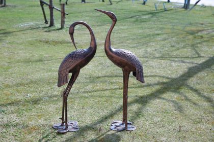 Kircust Crane Garden Sculptures & Statues; Large Size Metal Birds Yard Art; Standing Vintage Brass Heron Animal Lawn Ornament; Outdoor Decorations for