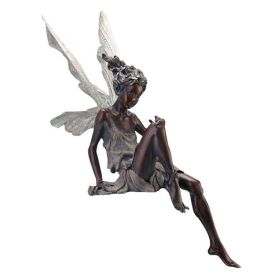 Sitting Statue Fairy Statue Resin Crafts Flower Fairy Garden Ornament (Color: Black)