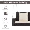 2-Person Wicker Hanging Porch Swing with Chains; Cushion; Pillow; Rattan Swing Bench for Garden; Backyard; Pond. (Brown Wicker; Beige Cushion)